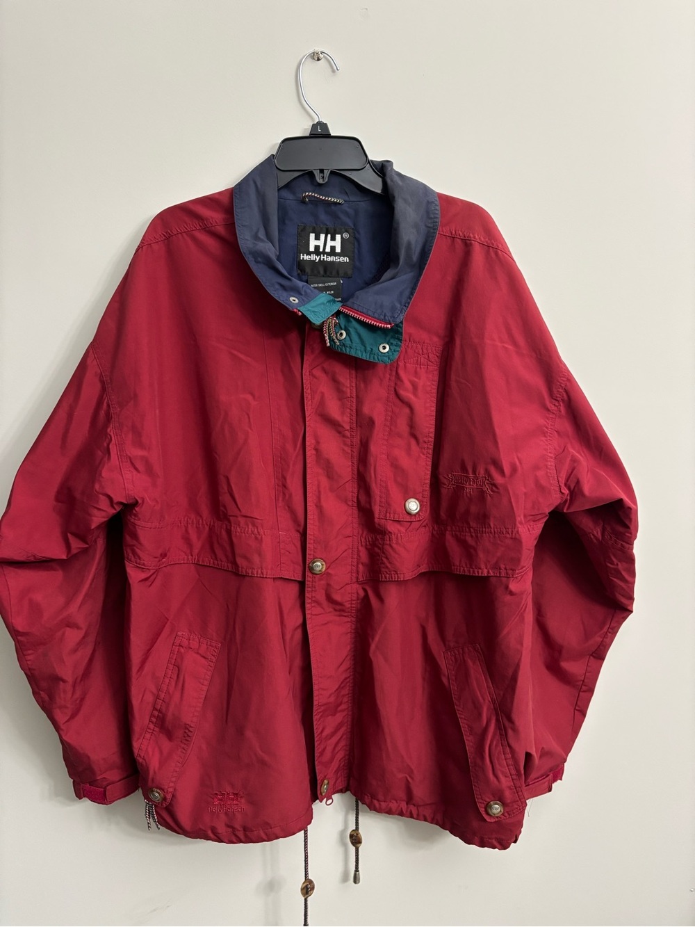 Helly Hansen Red Raincoat with Navy Collar and Teal Trim
